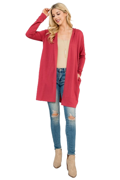 Long Sleeve Open Front French Terry Hoodie Cardigan Marsala - Pack of 4