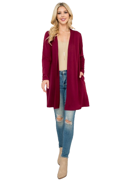 Long Sleeve Open Front French Terry Hoodie Cardigan Oxblood - Pack of 4