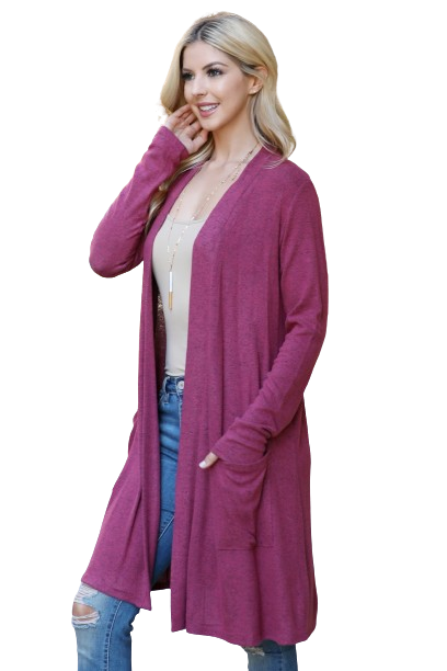 Solid Long Sleeve Open Front Cardigan Raspberry - Pack of 4