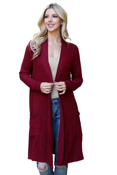 Solid Long Sleeve Open Front Cardigan Ruby Dark - Pack of 4