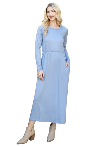 Solid Quarter Sleeve Elastic Waist Dress Dusty Blue -  Pack of 6