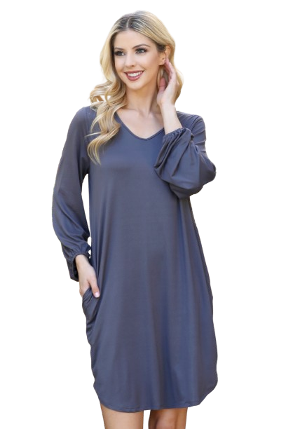 Solid V Neck Tunnel Long Sleeve Dress  Grey Dark - Pack of 6