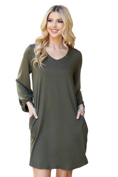 Solid V Neck Tunnel Long Sleeve Dress Olive - Pack of 6