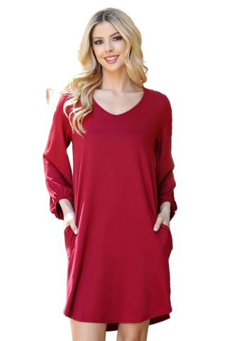 Burgundy Solid Long Sleeve Elastic Waist Wrap Mini Dress - Pack of 6