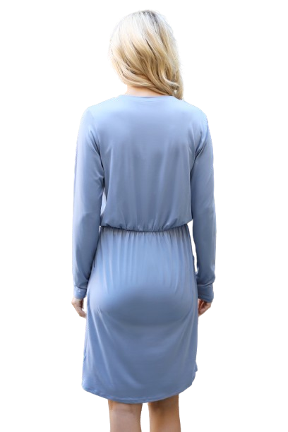 Solid Long Sleeve Ribbon Elastic Waist Dress Dusty Blue - Pack of 6