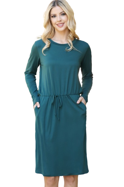 Solid Long Sleeve Ribbon Elastic Waist Dress Hunter - Pack of 6