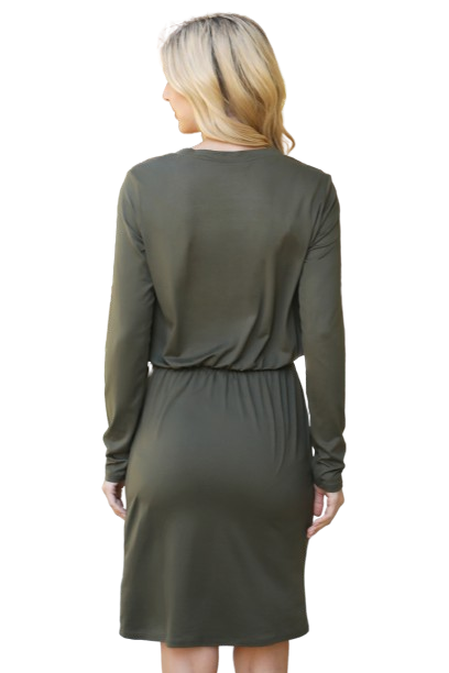 Solid Long Sleeve Ribbon Elastic Waist Dress Olive - Pack of 6