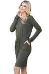 Solid Long Sleeve Ribbon Elastic Waist Dress Olive - Pack of 6