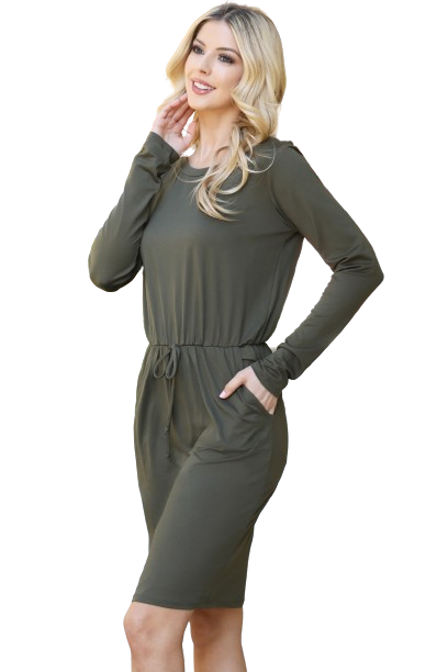 Solid Long Sleeve Ribbon Elastic Waist Dress Olive - Pack of 6