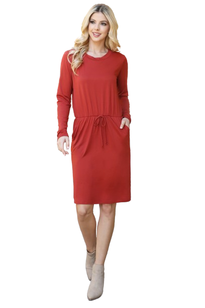 Solid Long Sleeve Ribbon Elastic Waist Dress Rust - Pack of 6