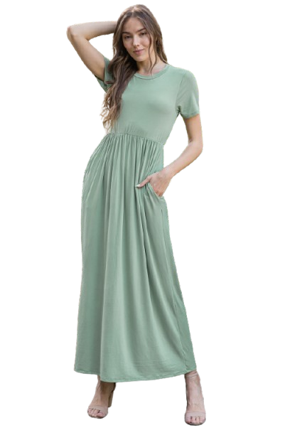 Short Sleeve Cinch Waist Solid Maxi Dress Sage - Pack of 6