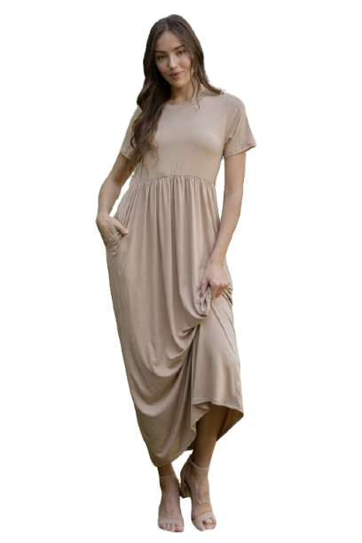 Short Sleeve Cinch Waist Solid Maxi Dress Taupe - Pack of 6