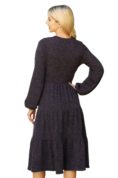 Long Puff Sleeve Elastic Waist Jacquard Knit Tiered Dress Charcoal - Pack of 6