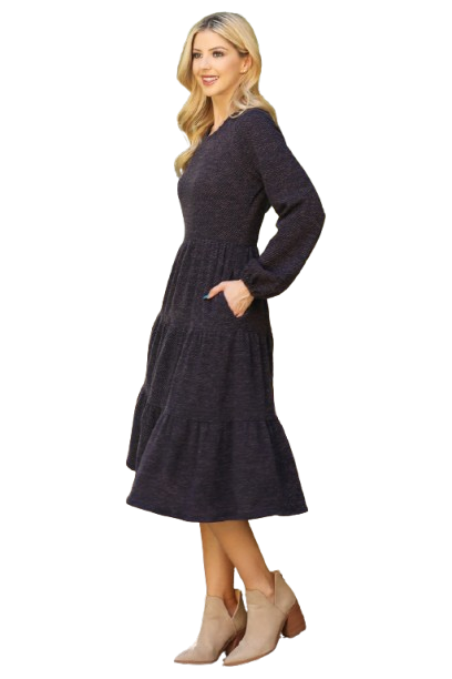 Long Puff Sleeve Elastic Waist Jacquard Knit Tiered Dress Charcoal - Pack of 6