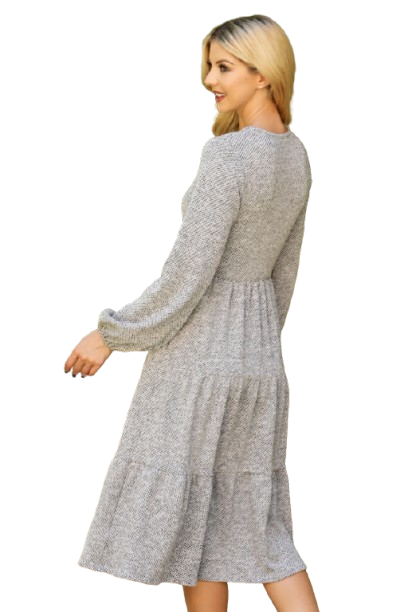 Long Puff Sleeve Elastic Waist Jacquard Knit Tiered Dress Heather Grey - Pack of 6