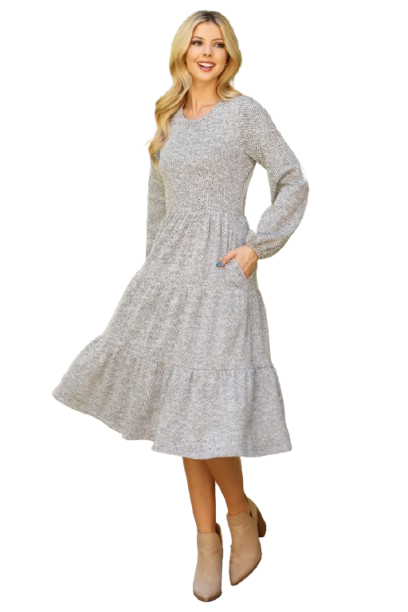 Long Puff Sleeve Elastic Waist Jacquard Knit Tiered Dress Heather Grey - Pack of 6