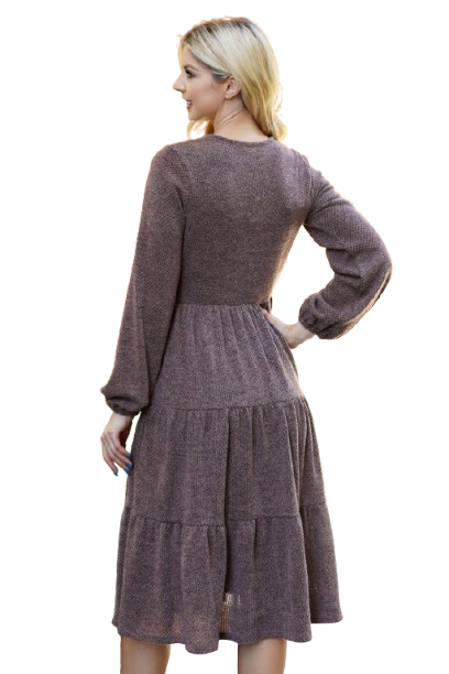 Long Puff Sleeve Elastic Waist Jacquard Knit Tiered Dress Mocha - Pack of 6