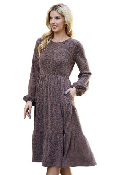 Long Puff Sleeve Elastic Waist Jacquard Knit Tiered Dress Mocha - Pack of 6