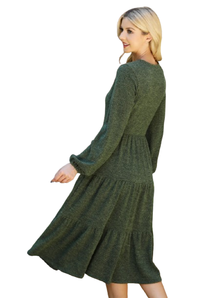 Long Puff Sleeve Elastic Waist Jacquard Knit Tiered Dress Olive - Pack of 6