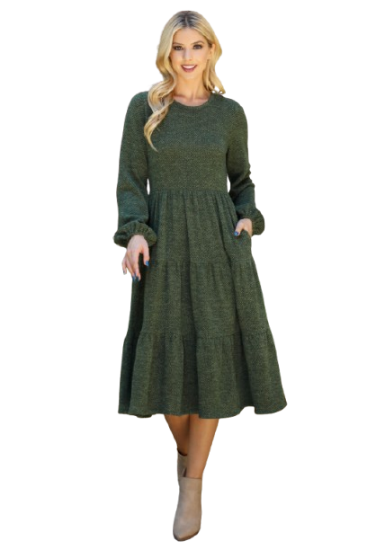 Long Puff Sleeve Elastic Waist Jacquard Knit Tiered Dress Olive - Pack of 6