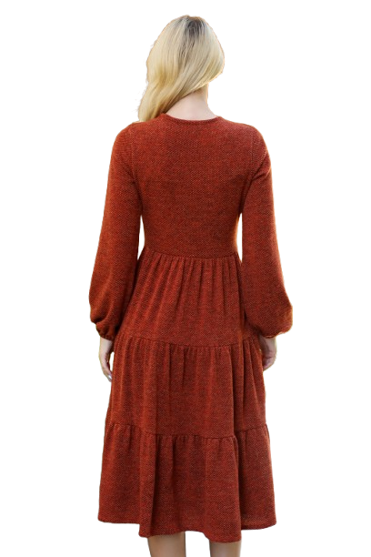 Long Puff Sleeve Elastic Waist Jacquard Knit Tiered Dress Rust - Pack of 6