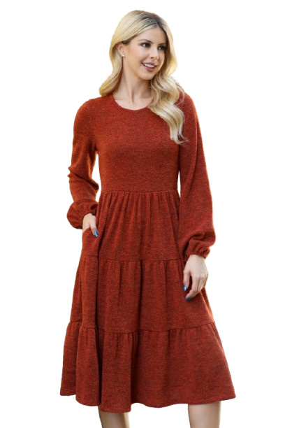 Long Puff Sleeve Elastic Waist Jacquard Knit Tiered Dress Rust - Pack of 6