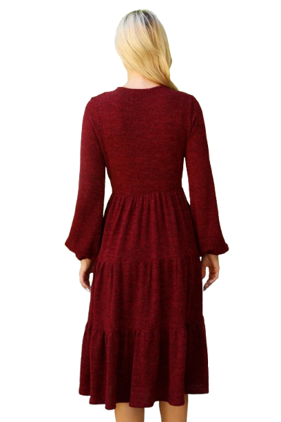 Long Puff Sleeve Elastic Waist Jacquard Knit Tiered Dress Wine - Pack of 6