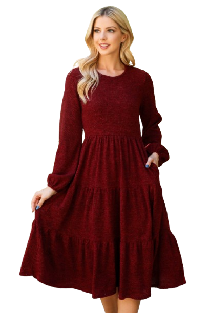 Long Puff Sleeve Elastic Waist Jacquard Knit Tiered Dress Wine - Pack of 6