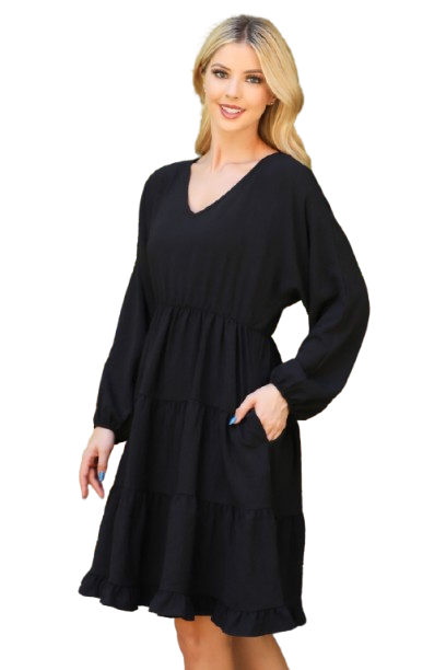 Woven Puff Sleeve V Neck Elastic Waist Tiered Dress Black - Pack of 6