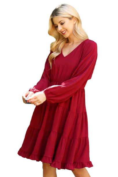 Woven Puff Sleeve V Neck Elastic Waist Tiered Dress Wine - Pack of 6