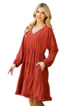 Plus Size Woven Puff Sleeve V Neck Elastic Waist Tiered Dress Rust - Pack of 6