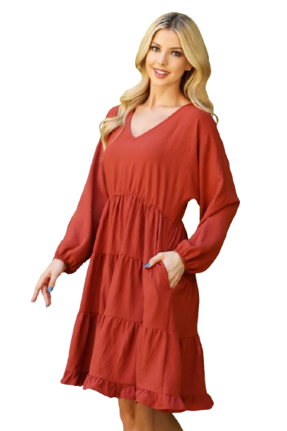 Plus Size Woven Puff Sleeve V Neck Elastic Waist Tiered Dress Rust - Pack of 6