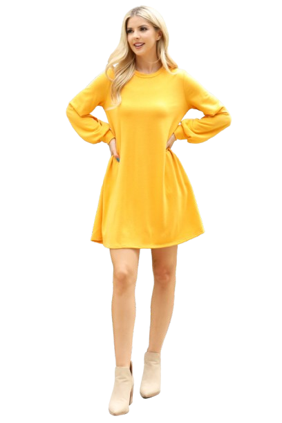 Plus Size Long Puff Sleeve French Terry Dress with Pockets Mustard - Pack of 6