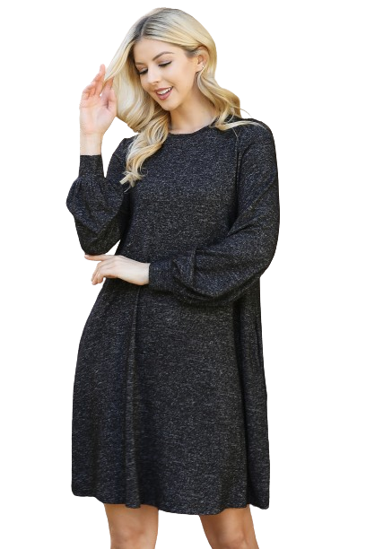 Puff Long Sleeve Hacci Brushed Dress Black Two Tone  - Pack of 4