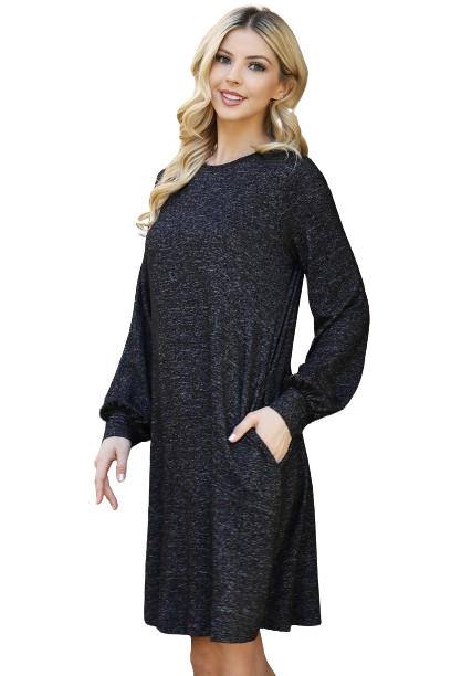 Puff Long Sleeve Hacci Brushed Dress Black Two Tone  - Pack of 4