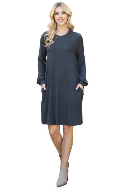 Puff Long Sleeve Hacci Brushed Dress Charcoal - Pack of 4