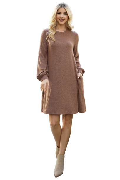 Puff Long Sleeve Hacci Brushed Dress Latte - Pack of 4