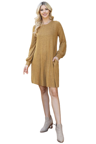 Puff Long Sleeve Hacci Brushed Dress Mustard - Pack of 4