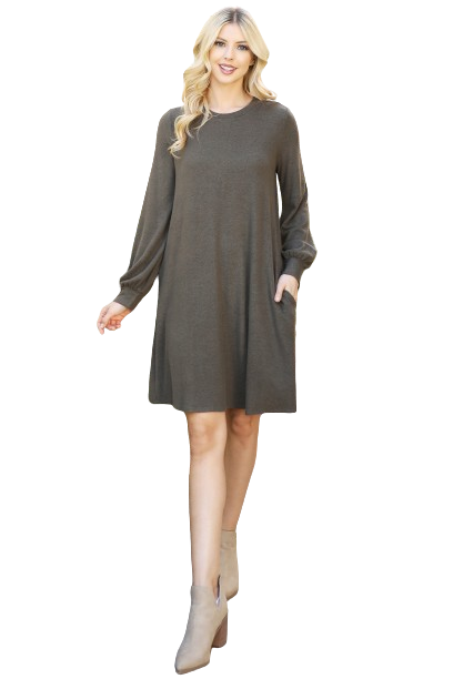 Puff Long Sleeve Hacci Brushed Dress Olive - Pack of 4