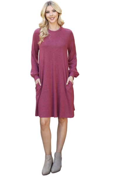 Puff Long Sleeve Hacci Brushed Dress Raspberry - Pack of 4