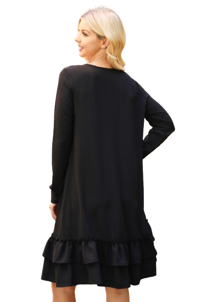 Long Sleeve Flat Merrow Detail Hem Woven Dress Black - Pack of 4