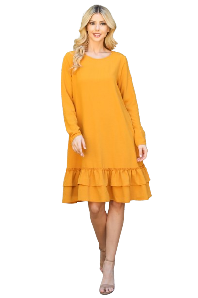 Long Sleeve Flat Merrow Detail Hem Woven Dress Mustard - Pack of 4