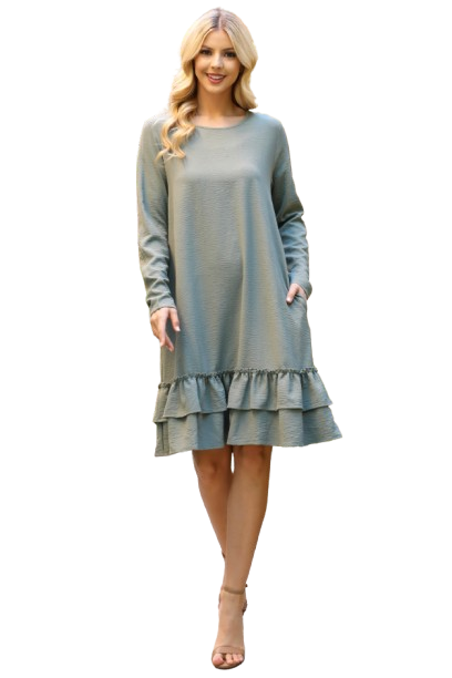 Long Sleeve Flat Merrow Detail Hem Woven Dress Olive - Pack of 4