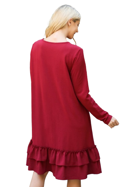 Long Sleeve Flat Merrow Detail Hem Woven Dress Wine - Pack of 4