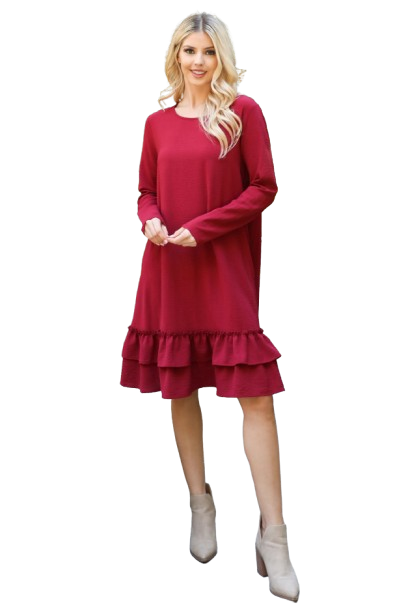 Long Sleeve Flat Merrow Detail Hem Woven Dress Wine - Pack of 4