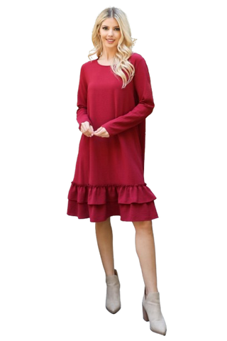 Solid Long Sleeve Shirring Tiered Detailed Dress Wine - Pack of 6