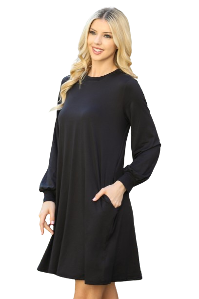 Solid Round Neckline Long Sleeve Dress Black  - Pack of 6