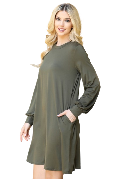 Solid Round Neckline Long Sleeve Dress Olive - Pack of 6