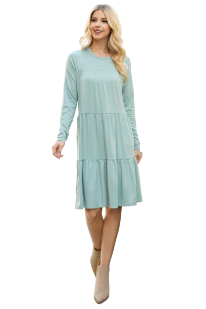 Solid Long Sleeve Shirring Tiered Detailed Dress Aloe - Pack of 6