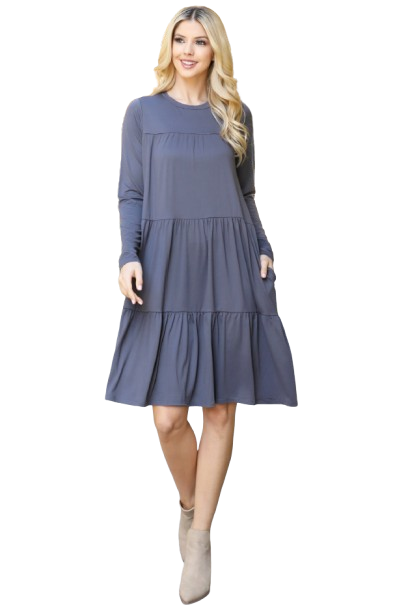 Solid Long Sleeve Shirring Tiered Detailed Dress Grey Dark - Pack of 6